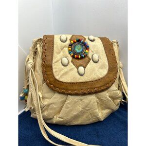 Cache Viva Beige  Crossbody Bag With Beaded Accents & Long Strap southwestern
